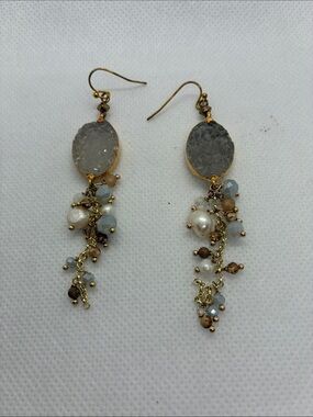 Gold-Tone Druzy & Pearl Cluster Dangle Earrings - Gray/White
